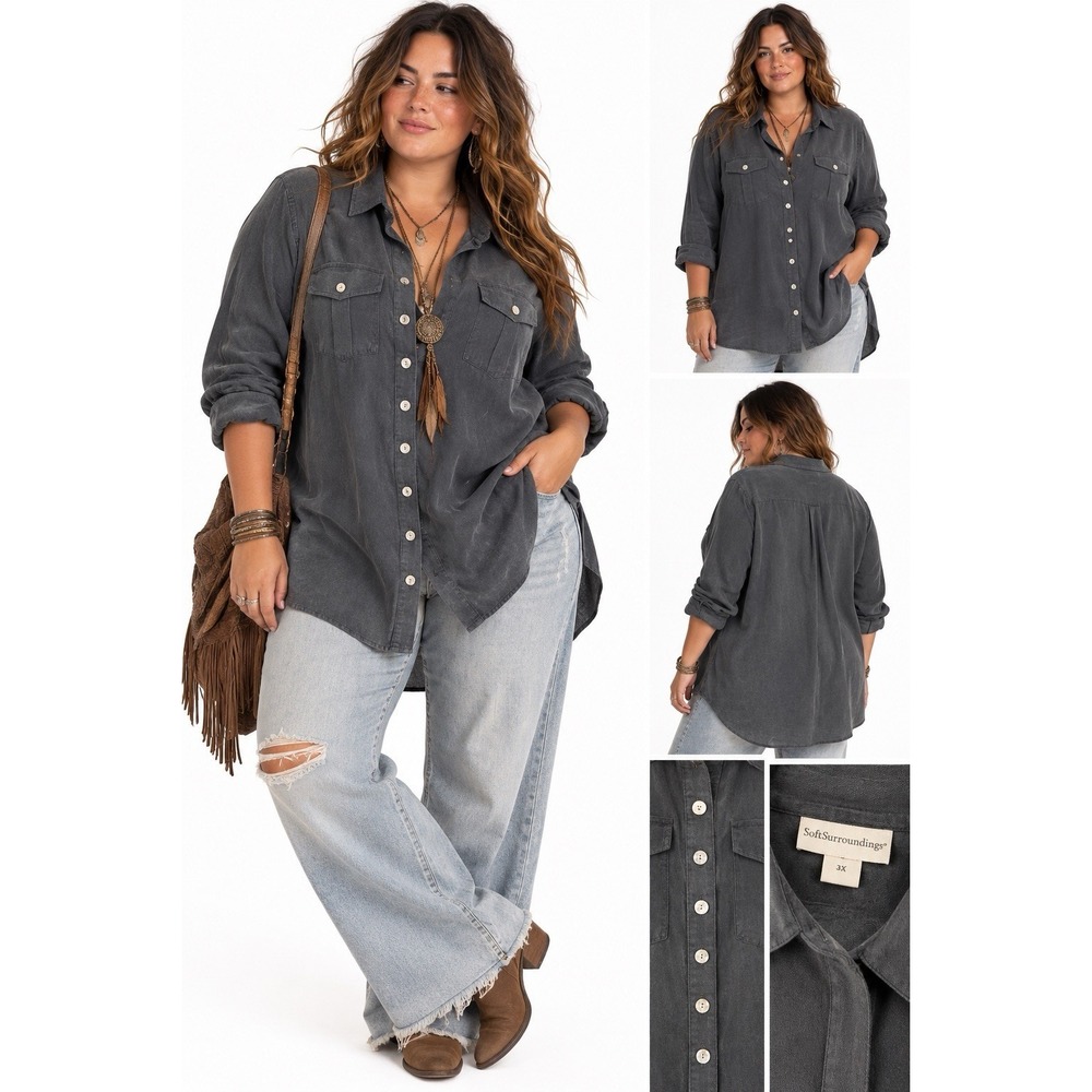 Soft Surroundings Chambray Tunic Shirt Top Plus 3X Blue/Gray Boho Minimalist